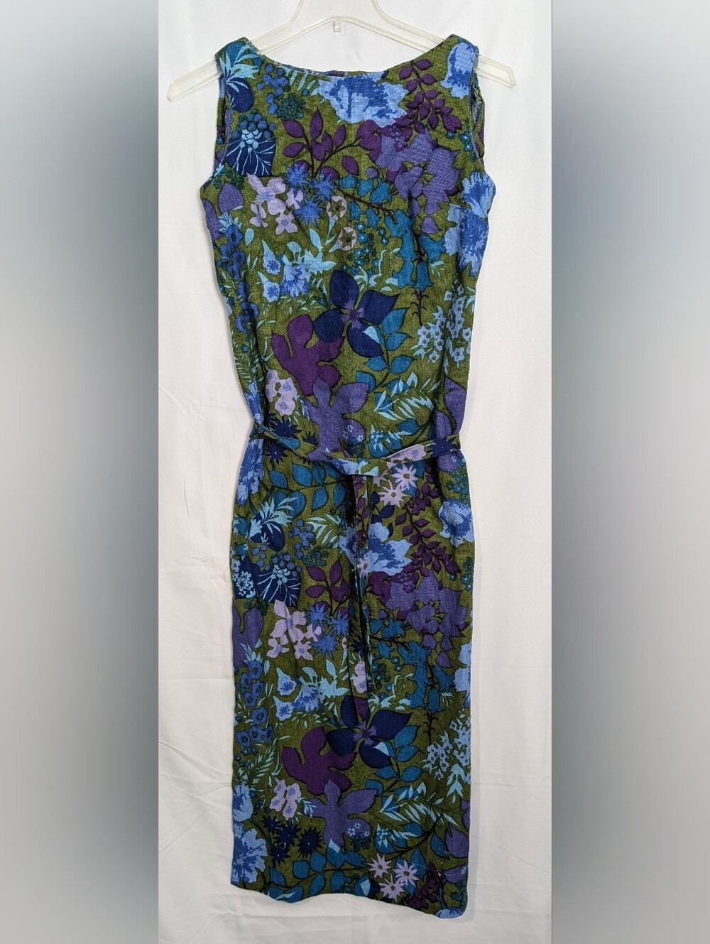 Vintage 60s 70s Floral Belted Midi Dress Mod Boho